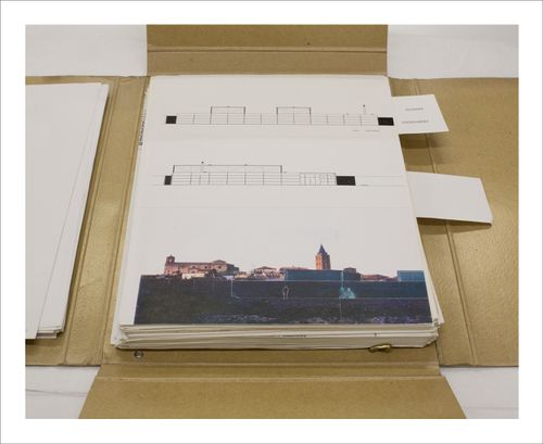 Proofs of Relevance: View of a photographic layout for a portfolio showing an elevation and a collage of the Parquesol Sports Hall, Abalos & Herreros (1988-1991), Valladolid, Spain