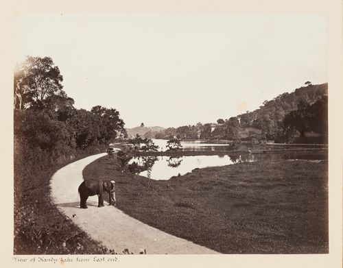 View of Kandy Lake from the east end with a man and an elephant on the left, Kandy, Ceylon (now Sri Lanka)