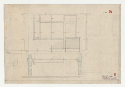 Plan, section, and elevation for a balcony for a type B housing unit, Hellerhof Housing Estate, Frankfurt am Main, Germany