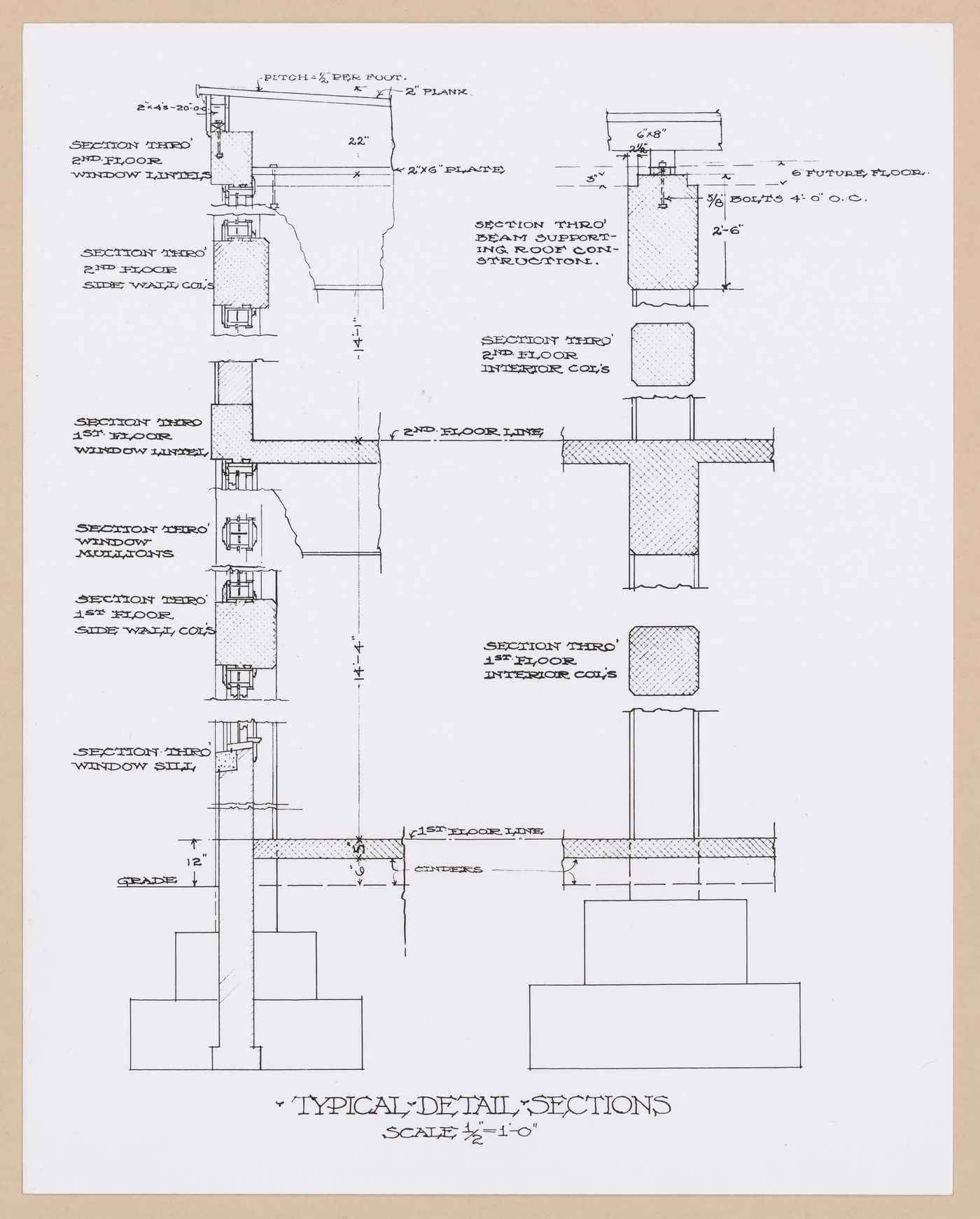 Photograph of a drawing showing sections of a wall and column of Assembly Building No. 10, Packard Motor Car Company Assembly Plant (now abandoned), East Grand Boulevard, Detroit, Michigan