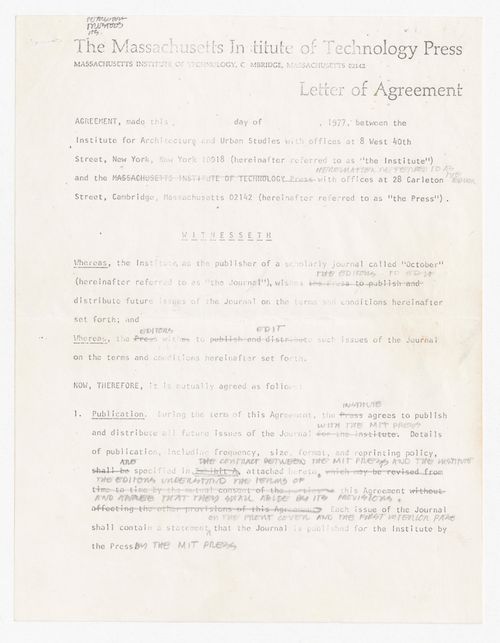 Memorandum from Frank Urbanowski to Rosalind Krauss and Peter D. Eisenman with attached draft agreement between IAUS and MIT Press for distribution of October with annotations by Peter D. Eisenman