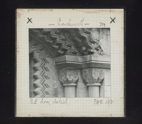 Detail view of right side of southeast portal of Southwell Minster, Southwell, Nottinghamshire, England