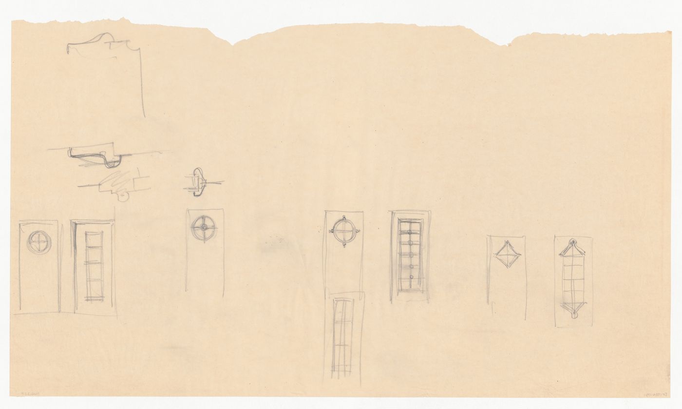 Sketch elevations and sectional details for doors for Olveh mixed-use development, Rotterdam, Netherlands