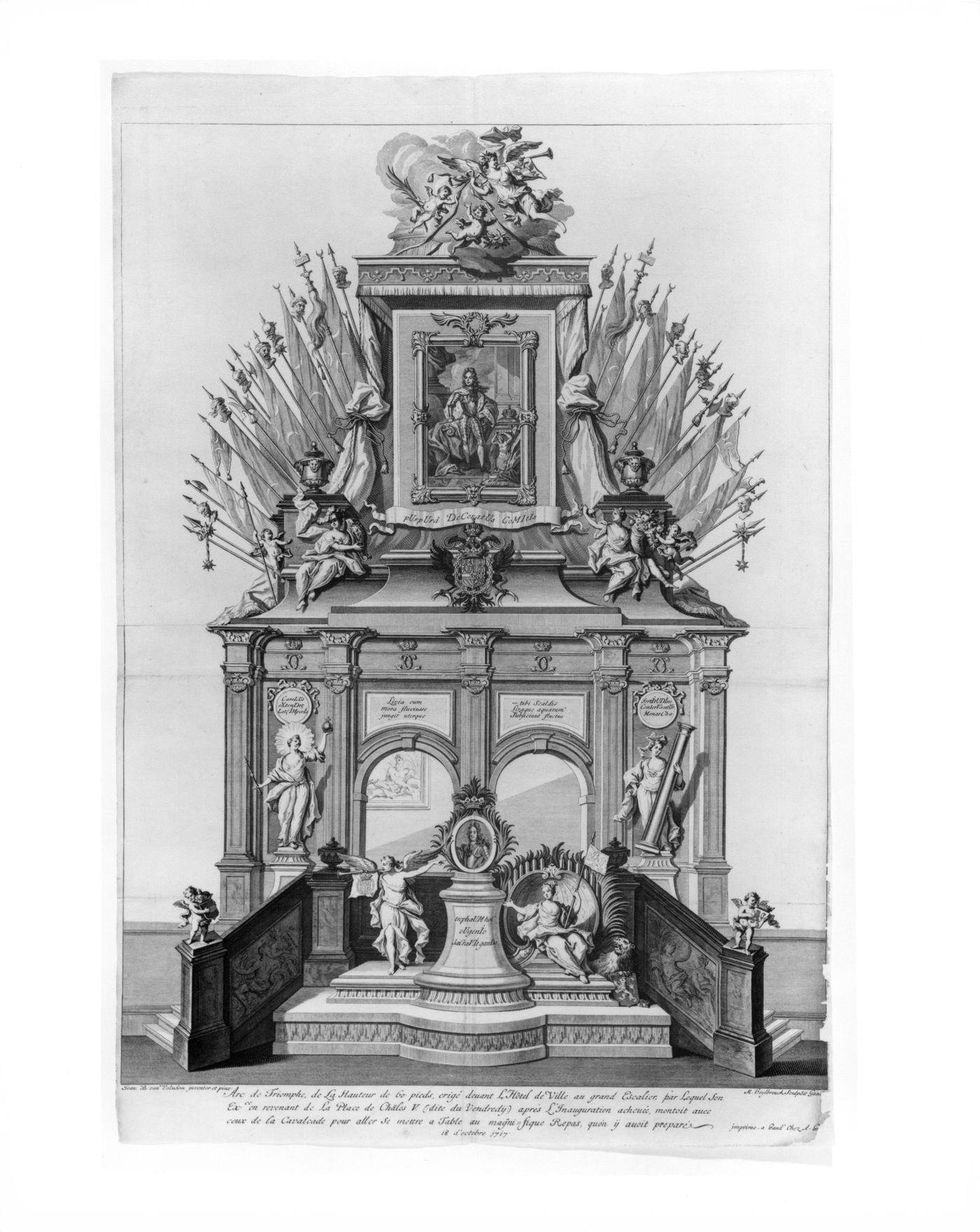 3rd plate - The facade of the Hotel de Ville decorated with a triumphal arch framing a portrait of His Majesty.