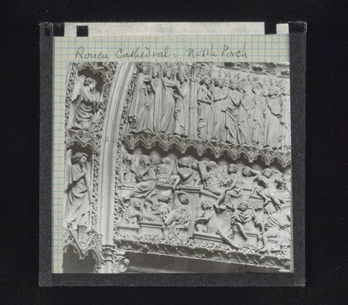 Detail view of relief sculpture of north porch of cathedral, Rouen, France