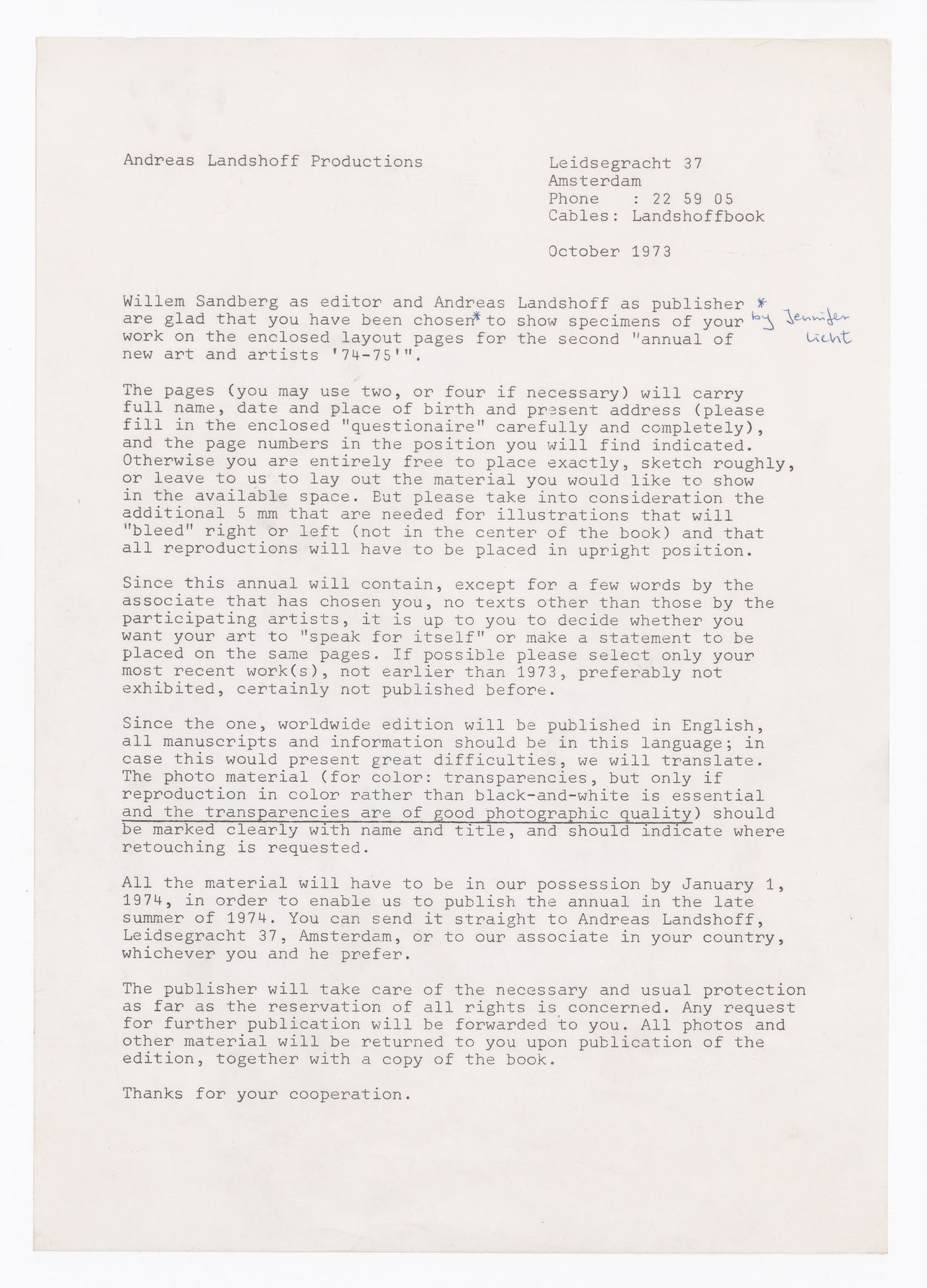 Letter from Andreas Landshoff Productions to Gordon Matta-Clark