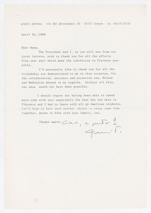 Incoming correspondence to Hans Hollein for the exhibition Hans Hollein. Opere 1960-1988