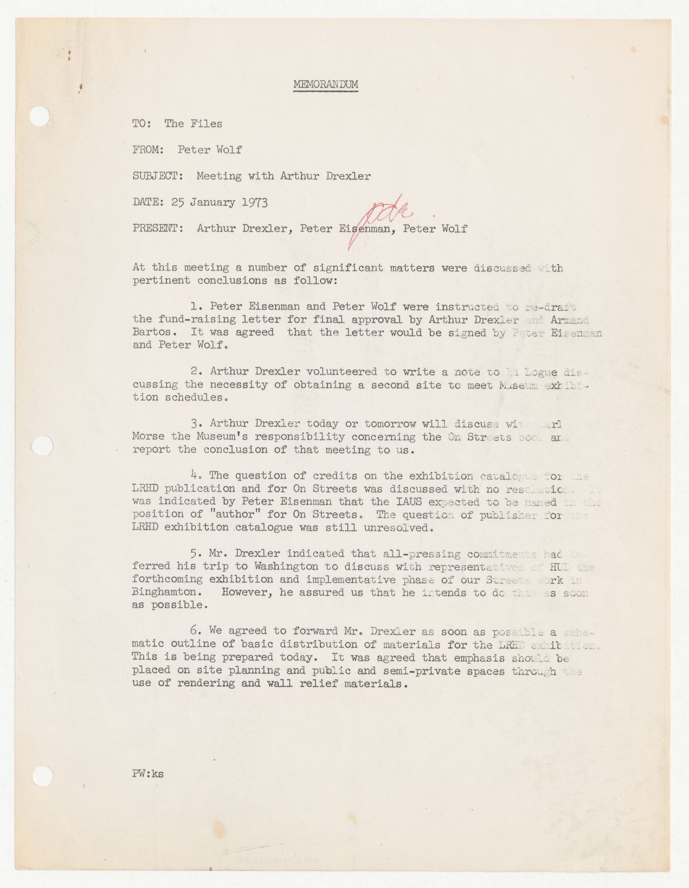 Memorandum from Peter Wolf to The Files about meeting with Arthur Drexler