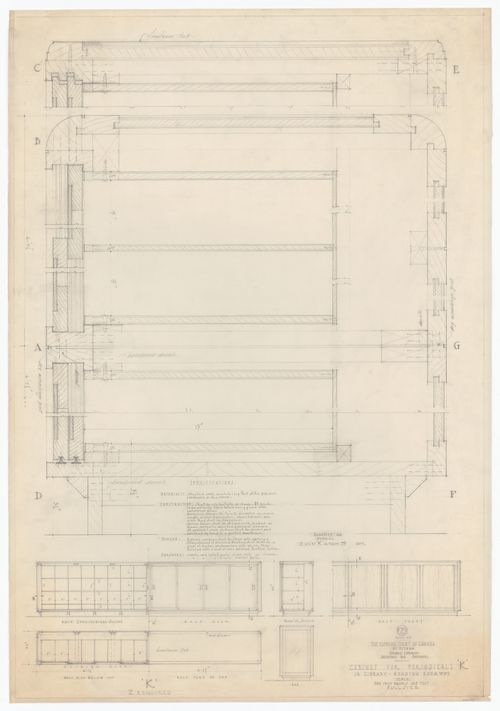 Plans, élévations, coupes et détails de l'armoire à périodiques "K" pour Cour suprême du Canada, Ottawa, Ontario