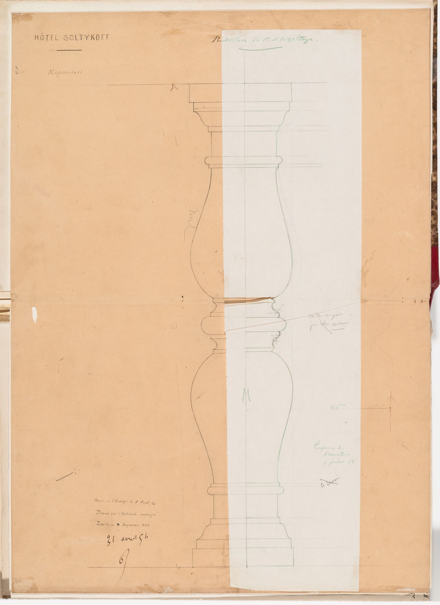 Elevation for the balusters for the first and second floor balconies, Hôtel Soltykoff