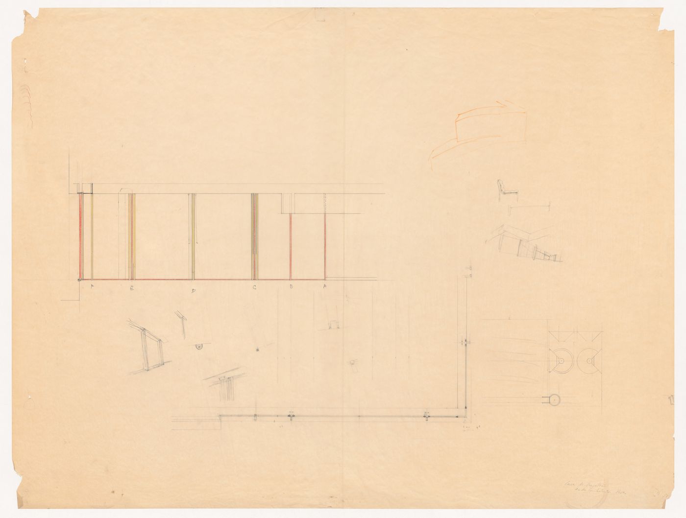 Partial elevation, partial plan and sketches for Casa Manuel Magalhães, Porto