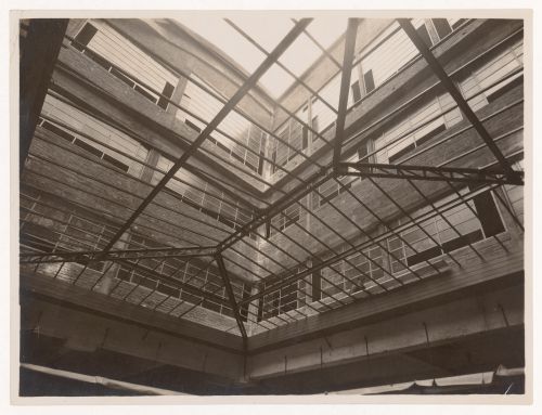 Exterior view of Alfa Romeo Garage, from below, Marbeuf road, 8th arrondissement, Paris, France