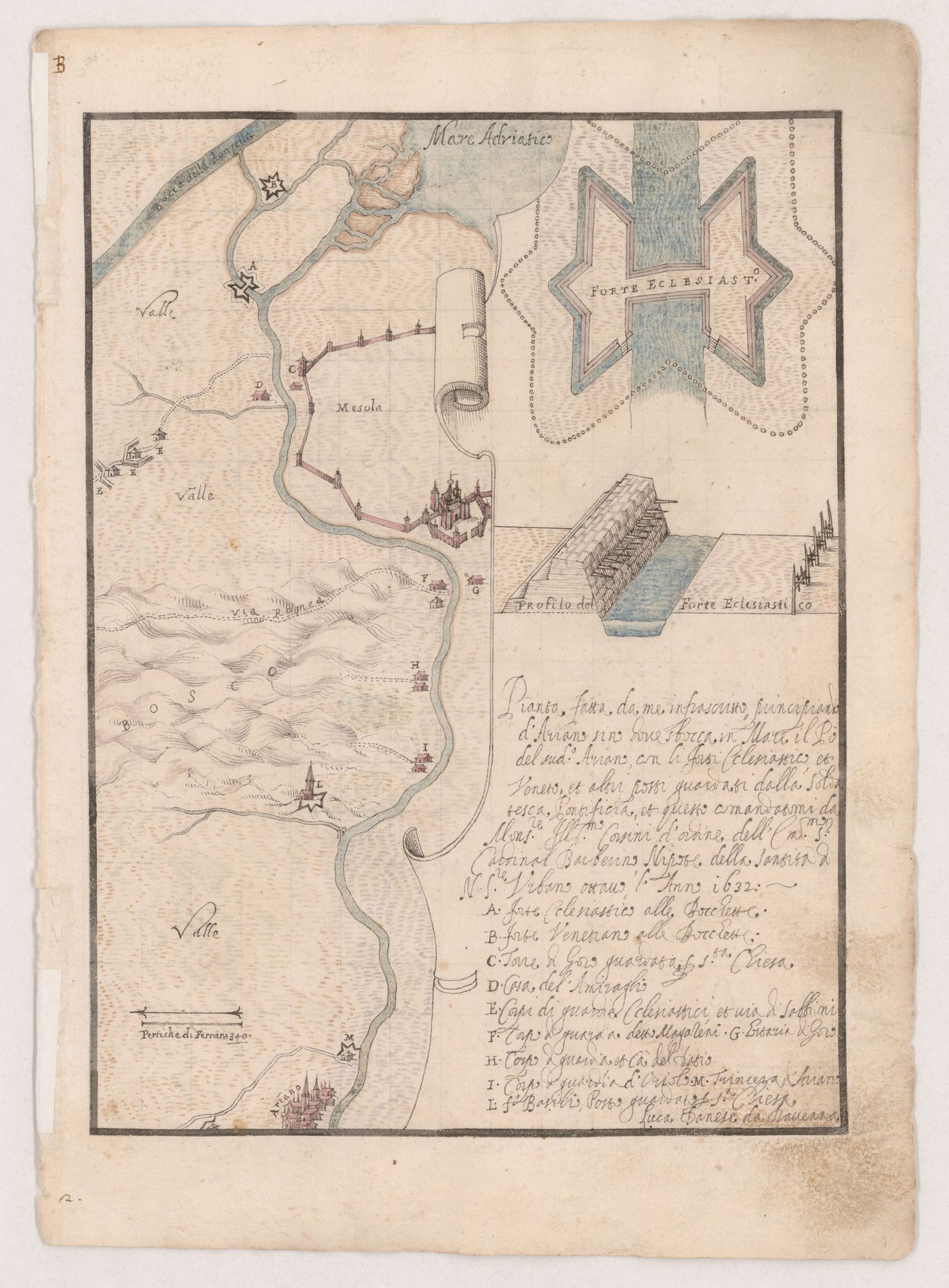 Map of the Po River showing the towns of Mesola and Ariano, with a plan and cutaway sketch of the Forte Ecclesiastico; verso: Map of the navigable waterways around Ferrara