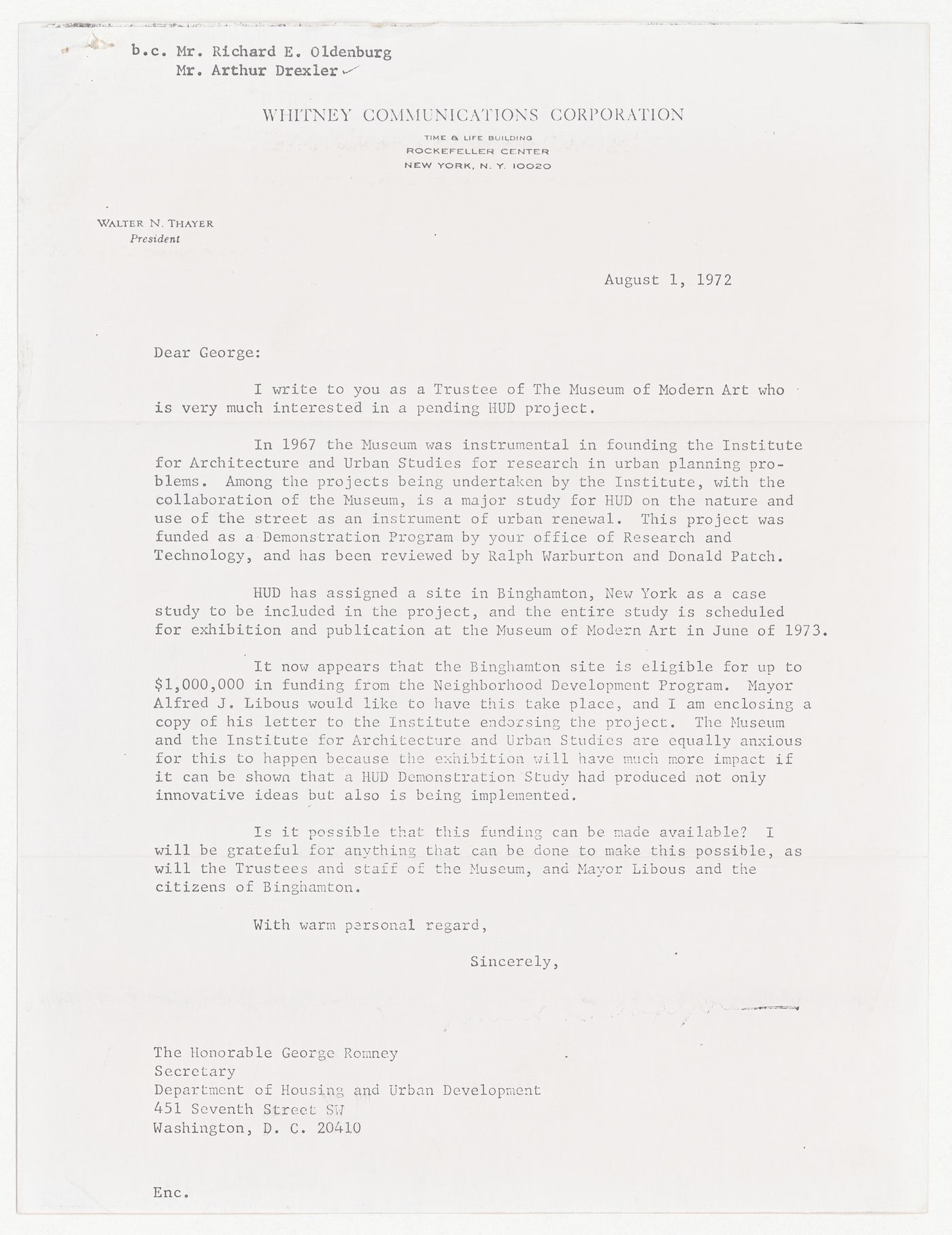 Letter from Arthur Drexler to Peter D. Eisenman with attached letter from Walther N. Thayer to George Romney about funding