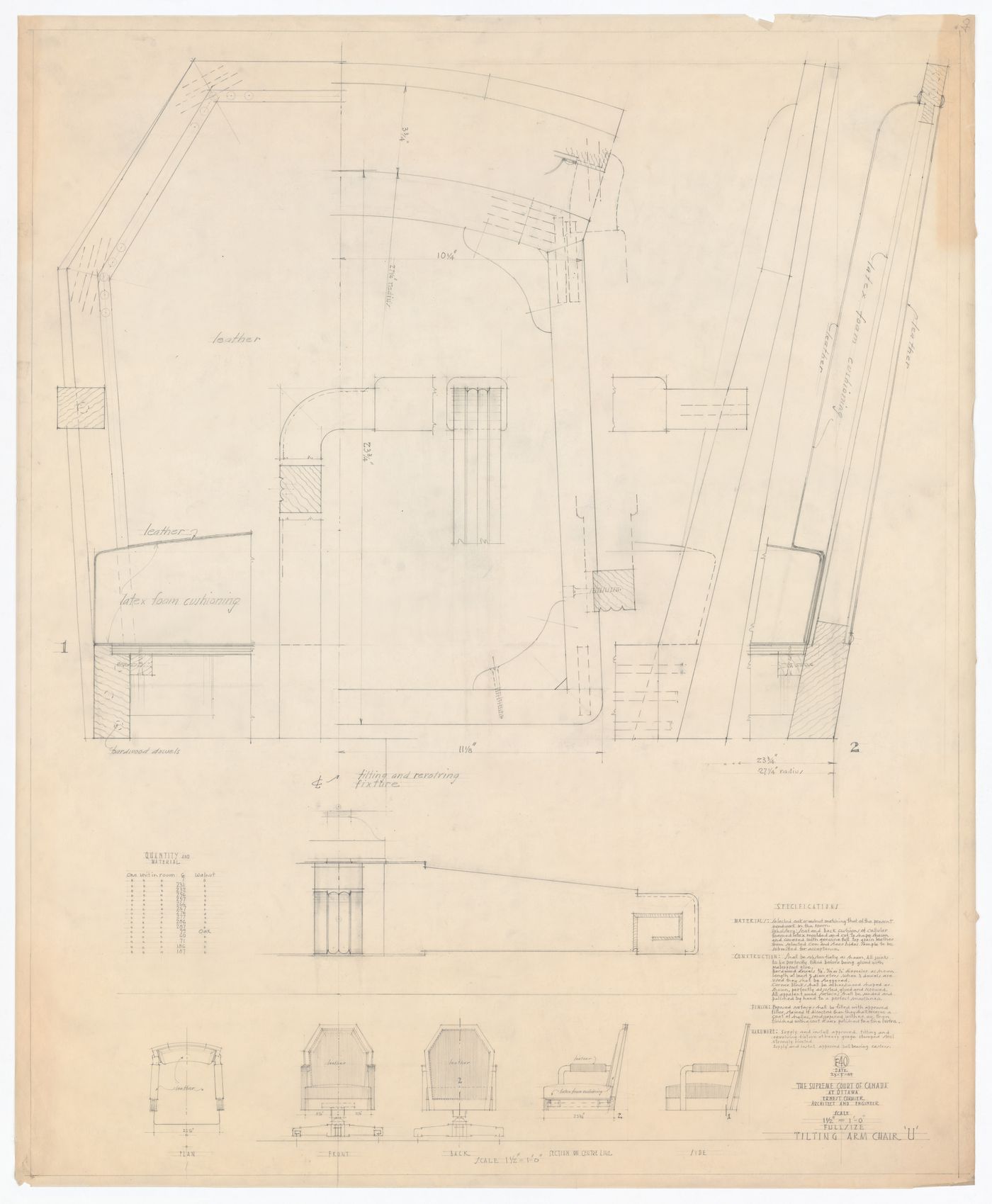 Plan, élévations et coupes de la chaise "U" pour Cour suprême du Canada, Ottawa, Ontario