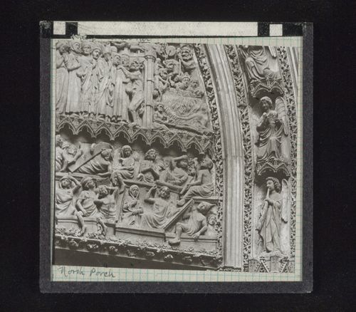 Detail view of relief sculpture of north porch of cathedral, Rouen, France