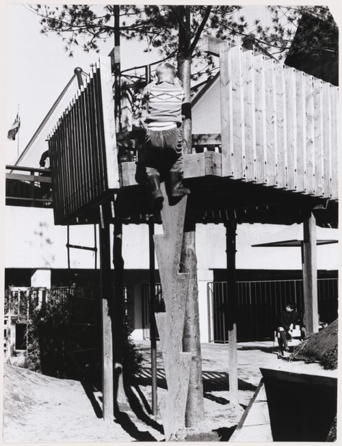 View of children playing at Children's Creative Centre Playground, Canadian Federal Pavilion, Expo '67, Montréal, Québec