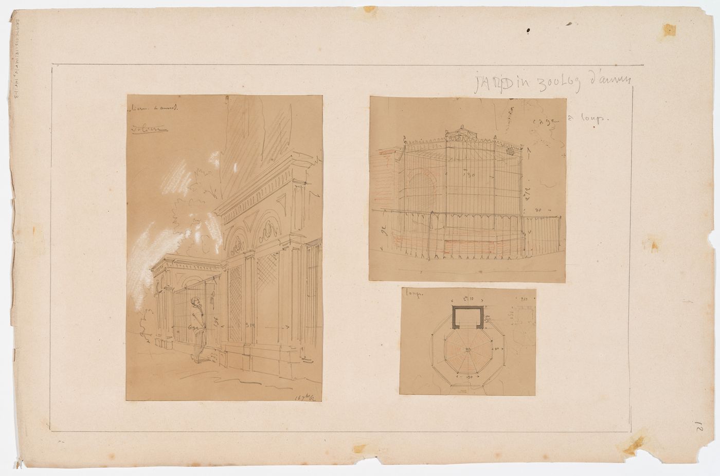 Zoological garden, Antwerp: Sketch and plan of the wolf cage and perspective sketch of an aviary garden