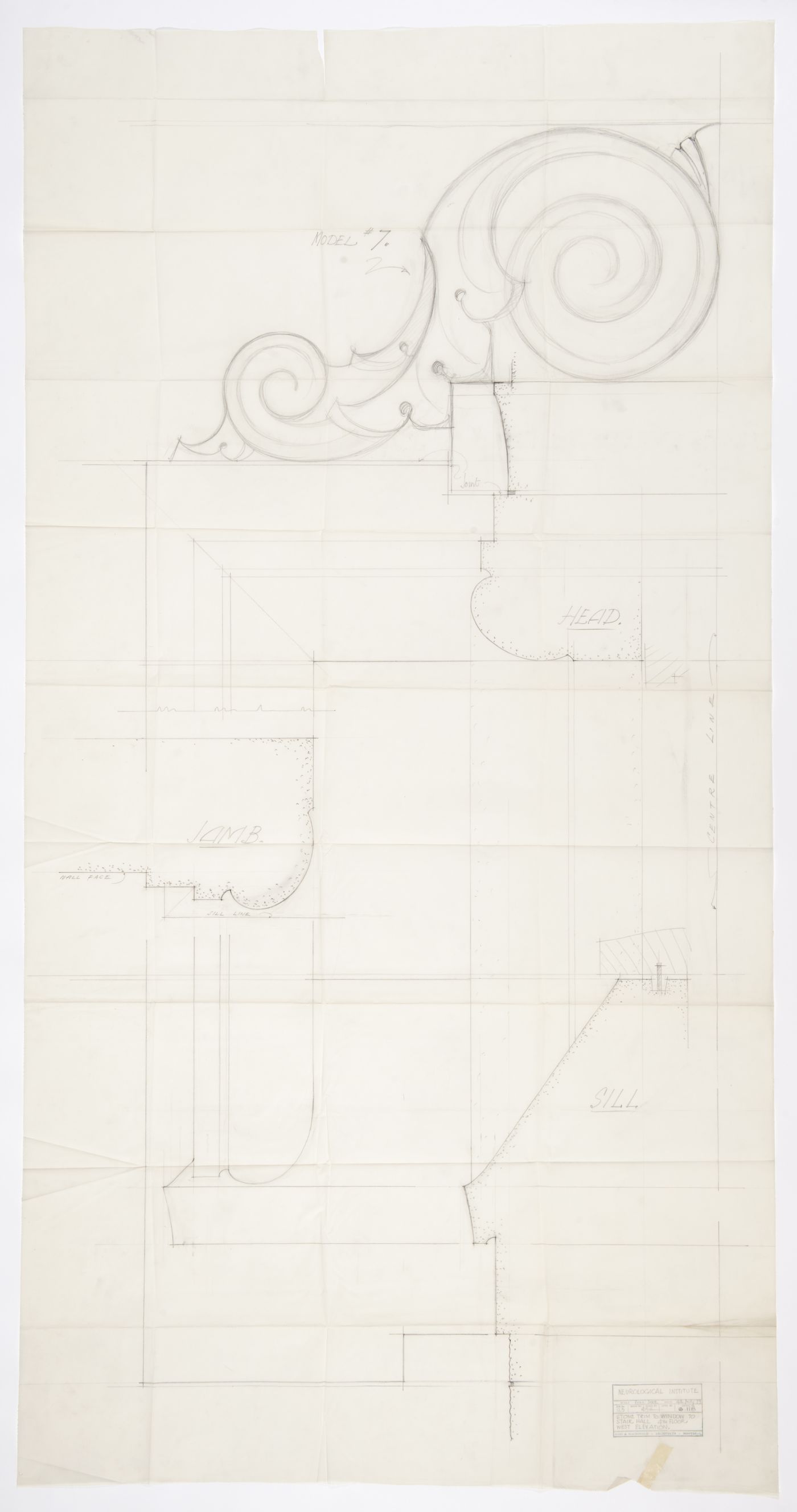 Montréal Neurological Institute, Montréal, Québec: drawing for stone trim window to stair hall, 4th floor, west elevation