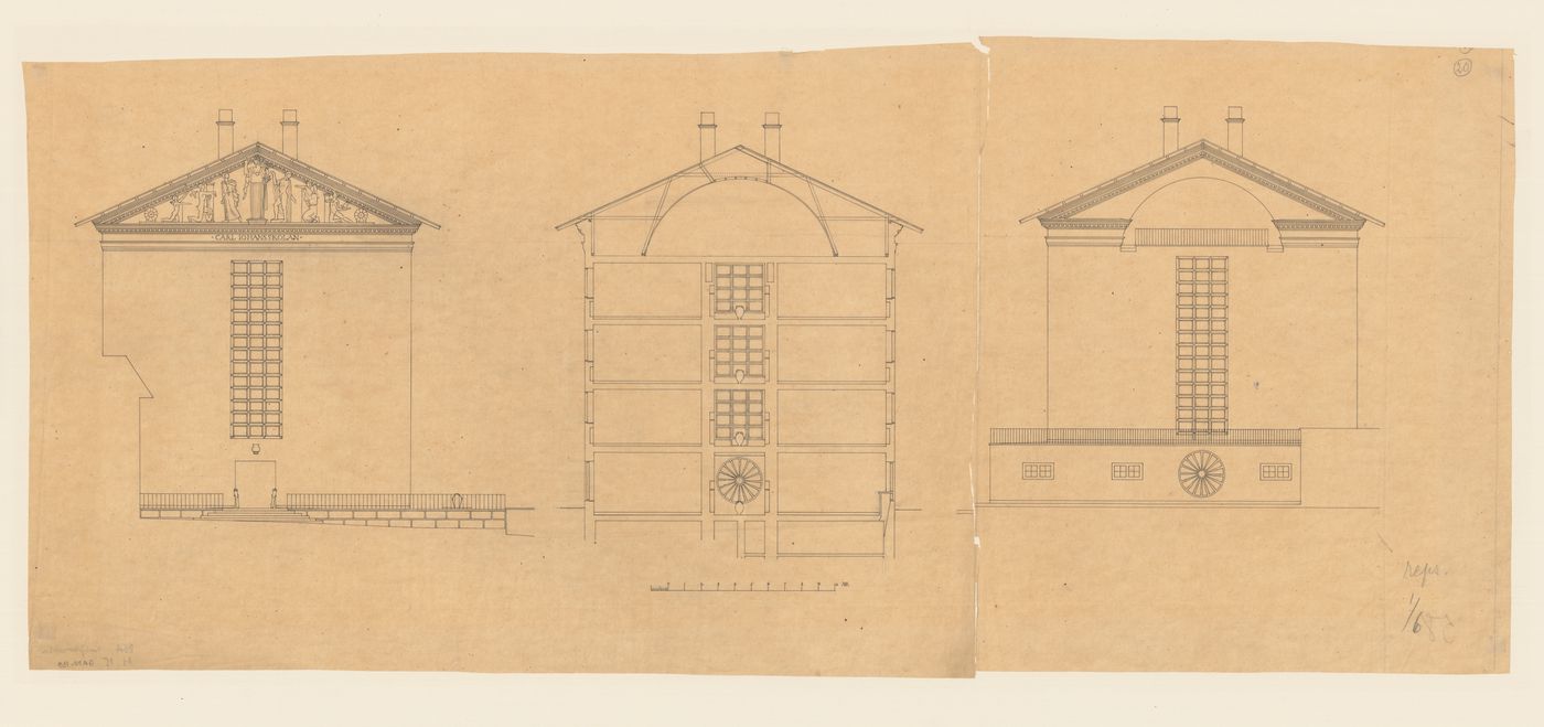 Principal and rear elevations and a cross section for Karl Johansskolan, Göteborg, Sweden