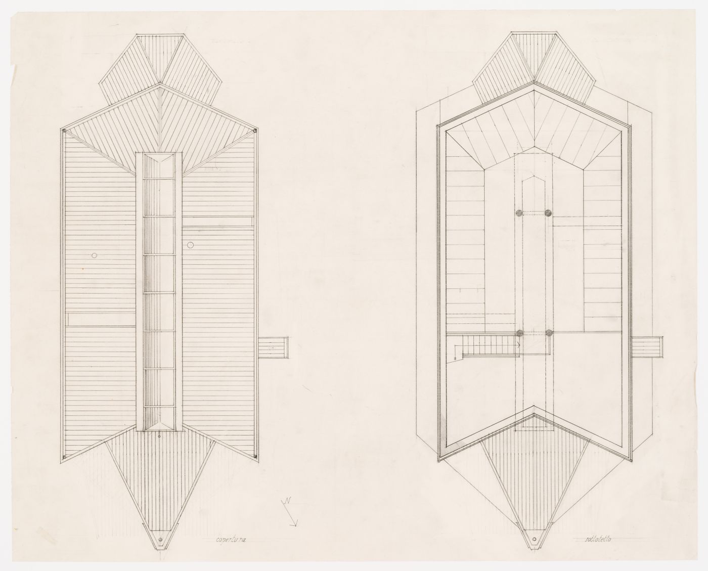 Plans of the roof and first floor for Casa Ferrario, Osmate, Italy