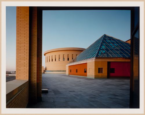 View of the roof deck of the Mississauga Civic Centre looking east to the Council Chamber and Great Hall , Mississauga, Ontario