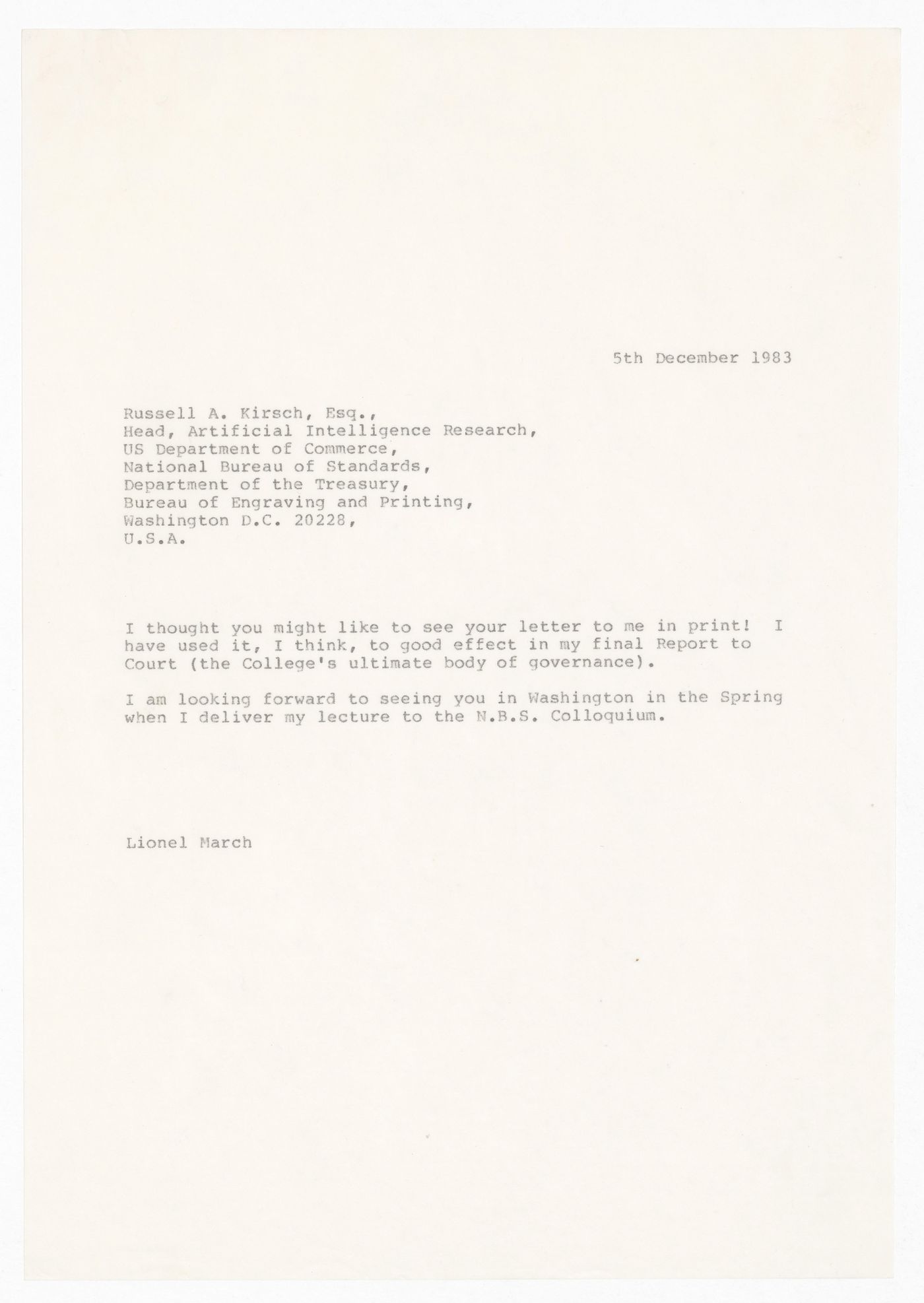 Letter from Lionel March to Russell A. Kirsch