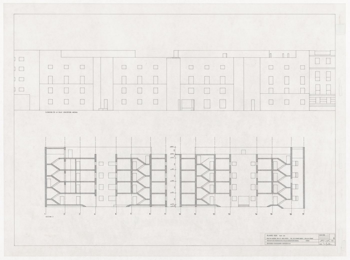Elevation and section for Habitações em Concepcion Arenal, Cadiz, Spain