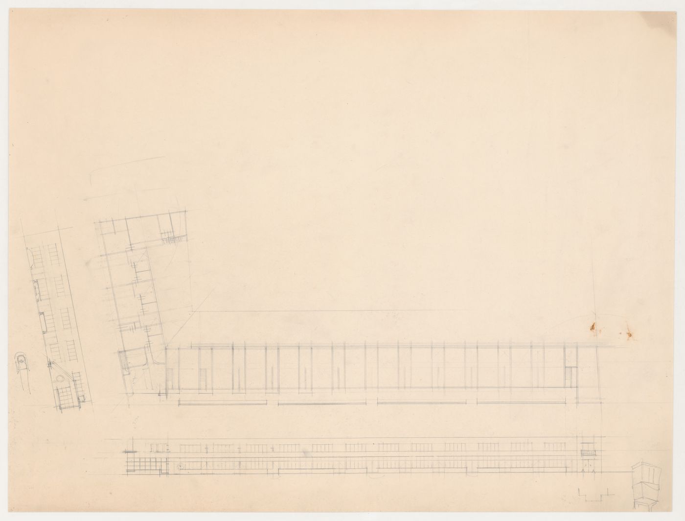 Plan and principal and lateral elevations for industrial row houses, Hoek van Holland, Netherlands