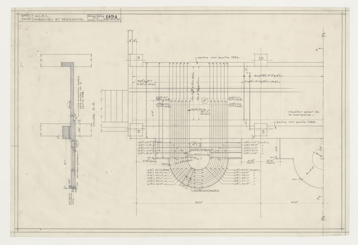 Détails structuraux de la marquise et de la mezzanine de l'aile L, Pavillon principal et campus, Université de Montréal, Montréal, Canada (1924-1947)