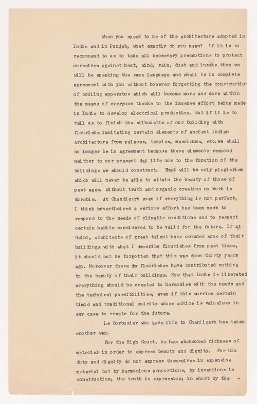 English translation of a text about architecture in India, especially in Chandigarh and New Delhi
