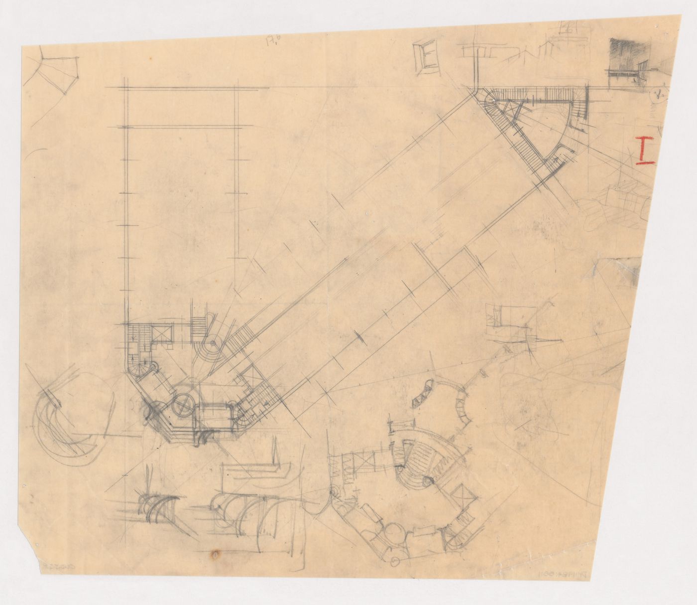 Partial plan, partial sketch plan and partial sketch perspective for Hotel Stiassni, Brno, Czechoslovakia (now Czech Republic)