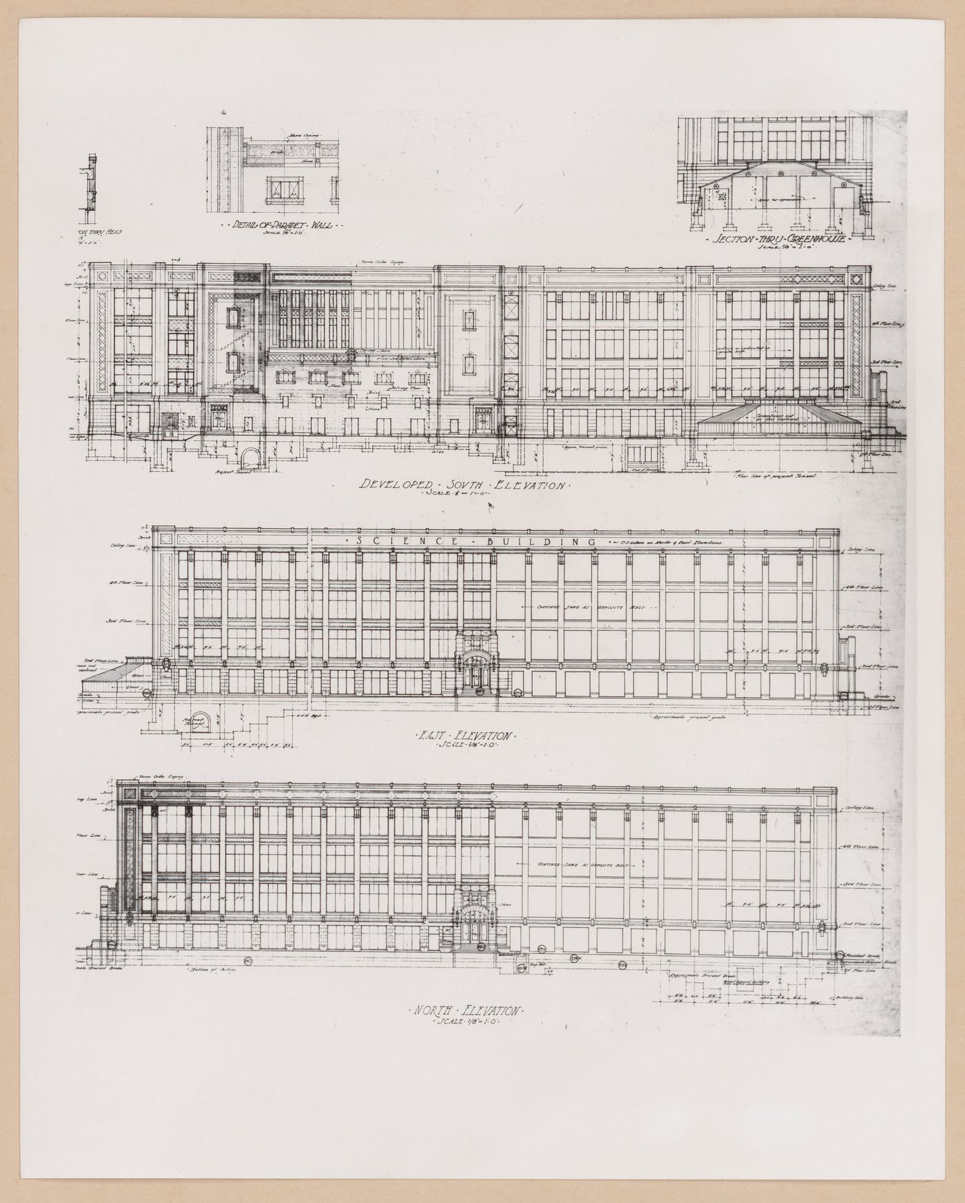 Photograph of the north, south, and east elevations, details for a parapet wall and a section through the greenhouse for the Natural Science Building (also known as the Krauss Natural Science Building), University of Michigan, Ann Arbor, Michigan