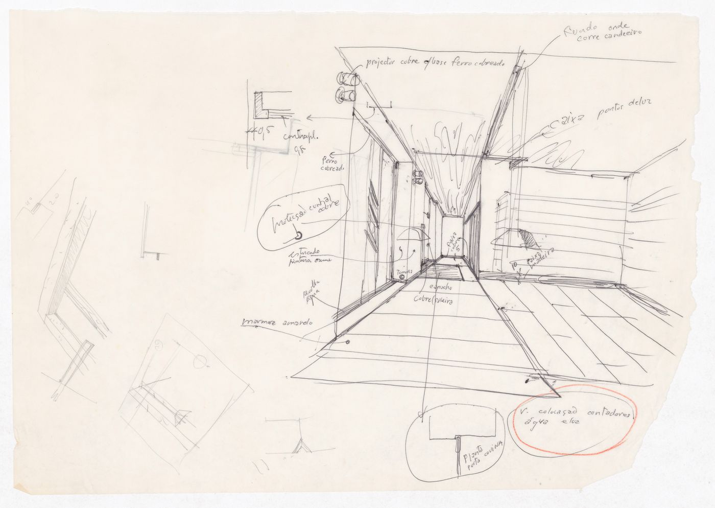 Sketch perspective with notes for Loja Marlã, Matosinhos, Portugal