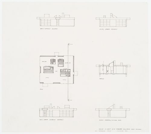Elevations, a plan and a section for a house in Kent, England