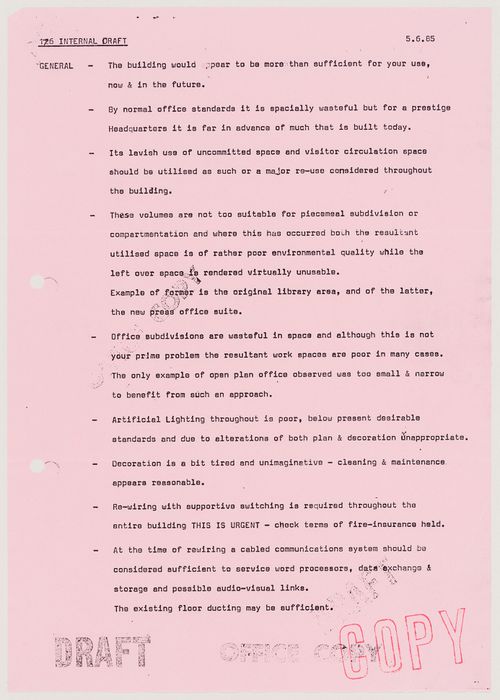 Congress House (28 Great Russell Street, London, England), renovations and addition: internal draft of a document prepared for the client: first sheet