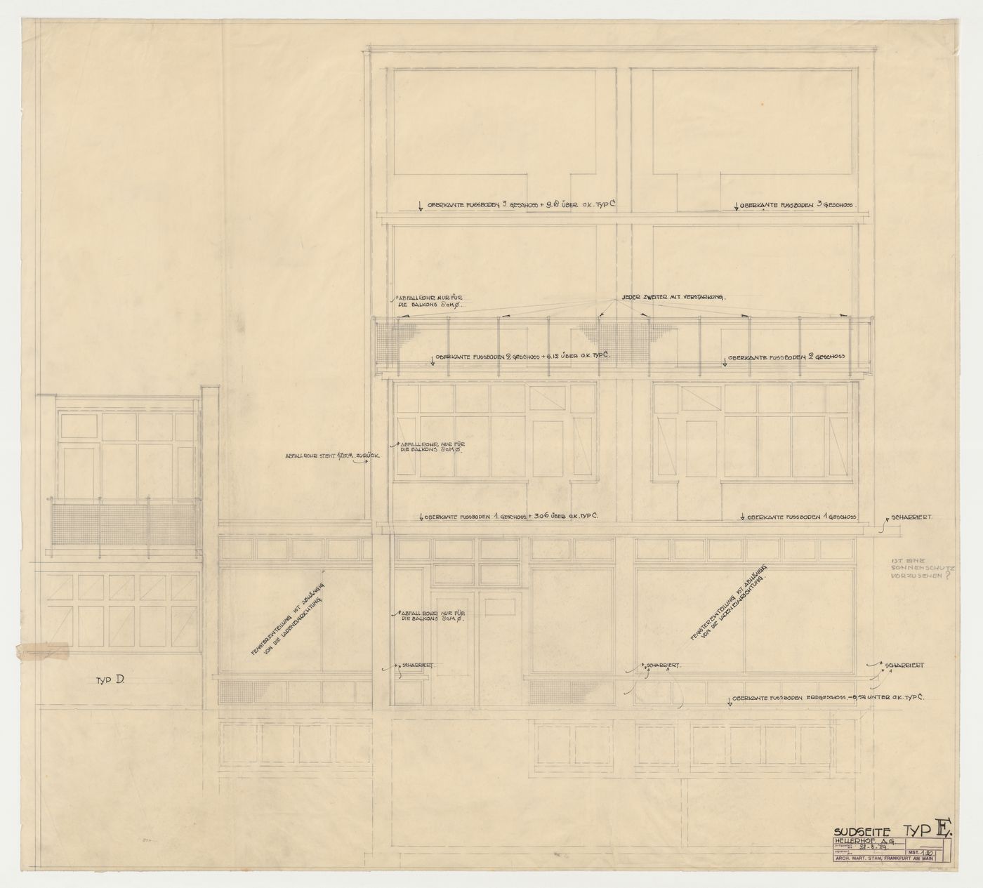 South elevation for a type E store and housing unit, Hellerhof Housing Estate, Frankfurt am Main, Germany