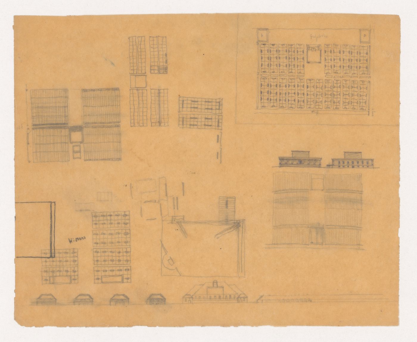Sketches for buildings and building complexes, including a playground