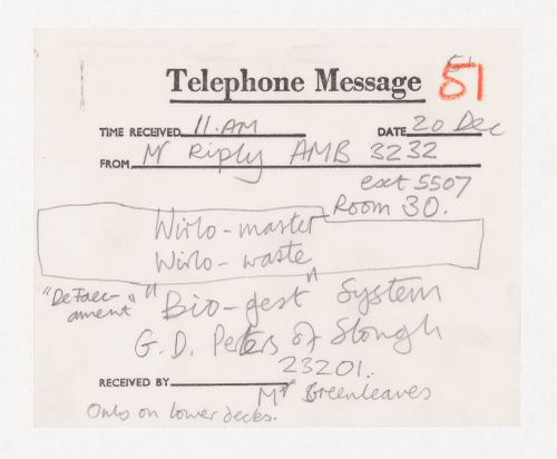 Telephone message from Mr. Riply possibly to Cedric Price
