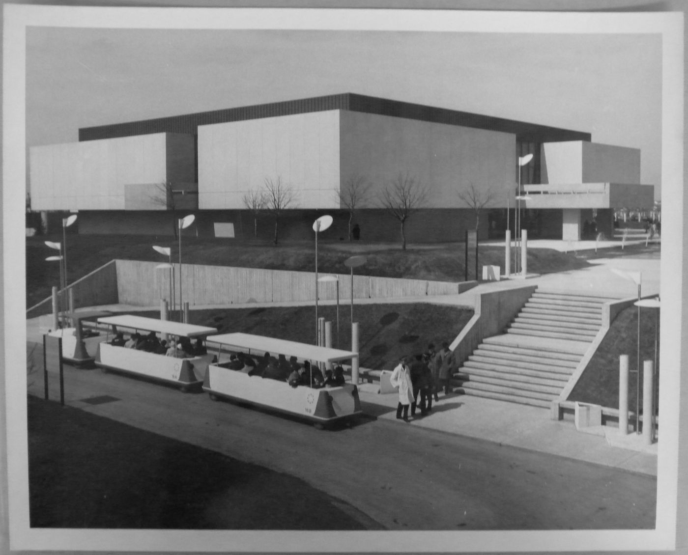 View of the Man the Creator Pavilion with the Cité du Havre trailer train in foreground, Expo 67, Montréal, Québec