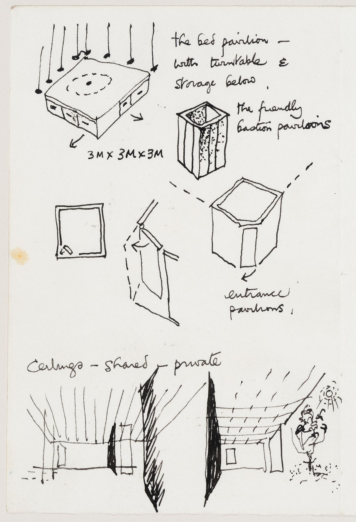 Perthut House: conceptual sketches for a "bed pavilion", "friendly bastion pavilions", entrance pavilions and ceilings