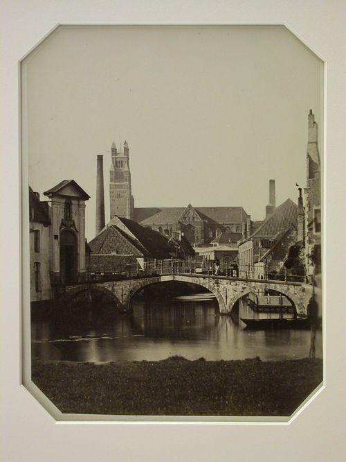Distant view of St. Sauveur from south east [?], with bridge in foreground, Bruges, Belgium