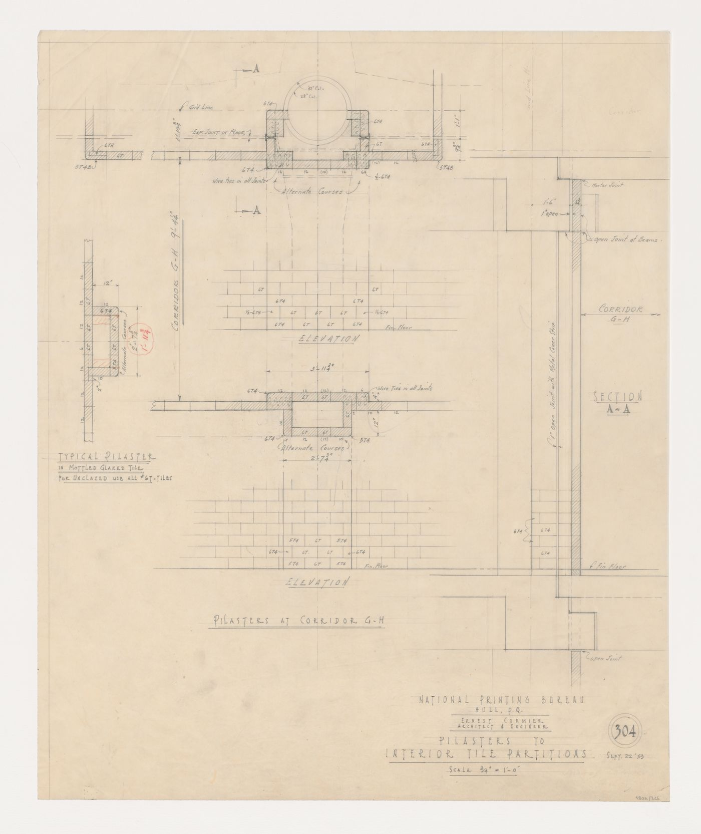 Élévations, détails et coupe des pilastres et des cloisons intérieures, Imprimerie Nationale du Canada, Hull, Québec, Canada