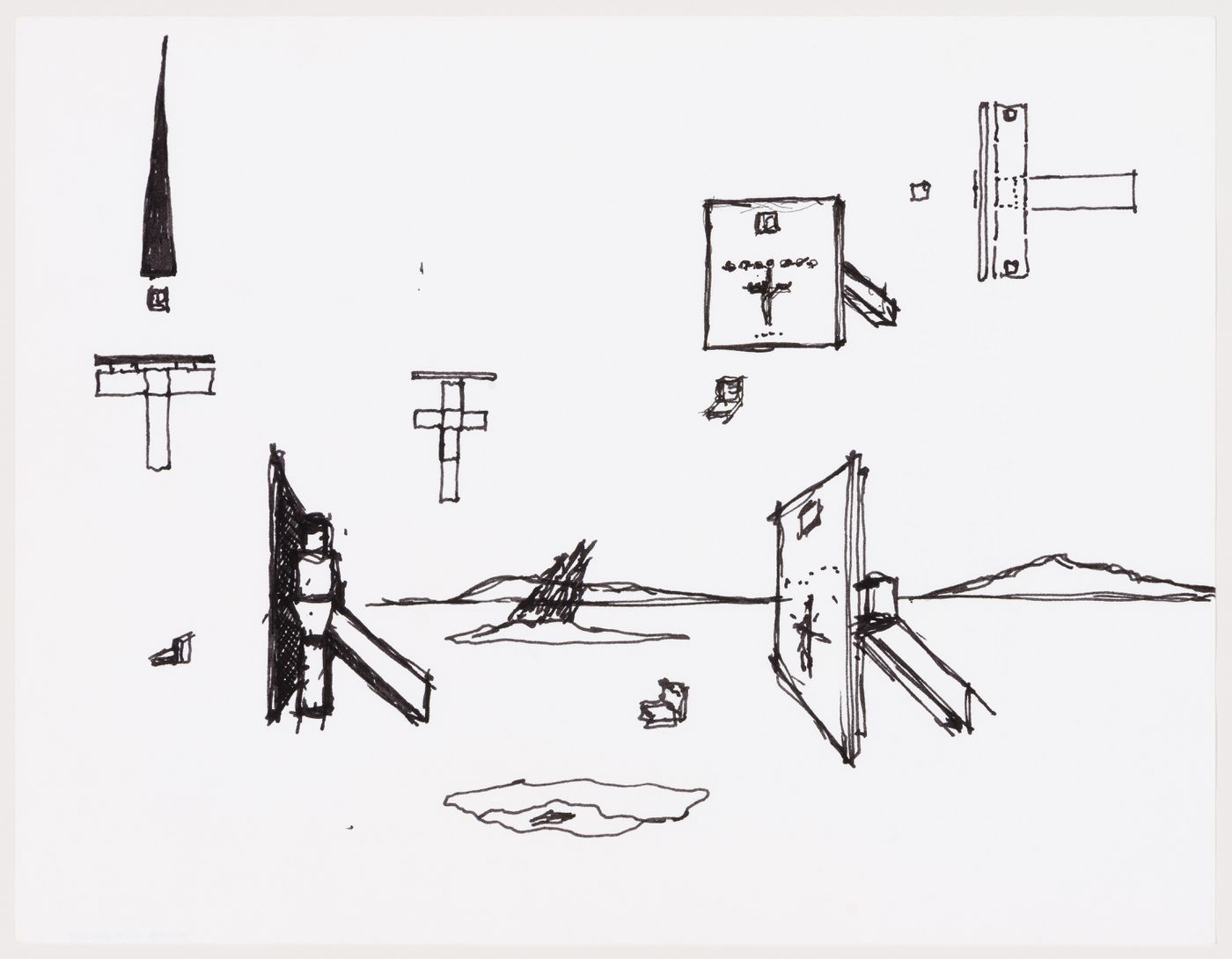 Soundings: Church Complex B: sketches for the chapel, stations of the cross, crucifix, bell tower, stone pew, ascending angels and fallen angel
