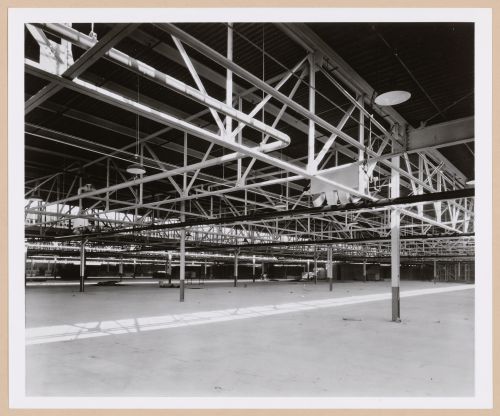 Interior view of a warehouse under construction, Chrysler Corporation Automobile Assembly Plant [?], Marysville, Michigan