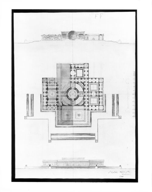 Ground plan and elevations of an "Edifice rassembler les Academies"