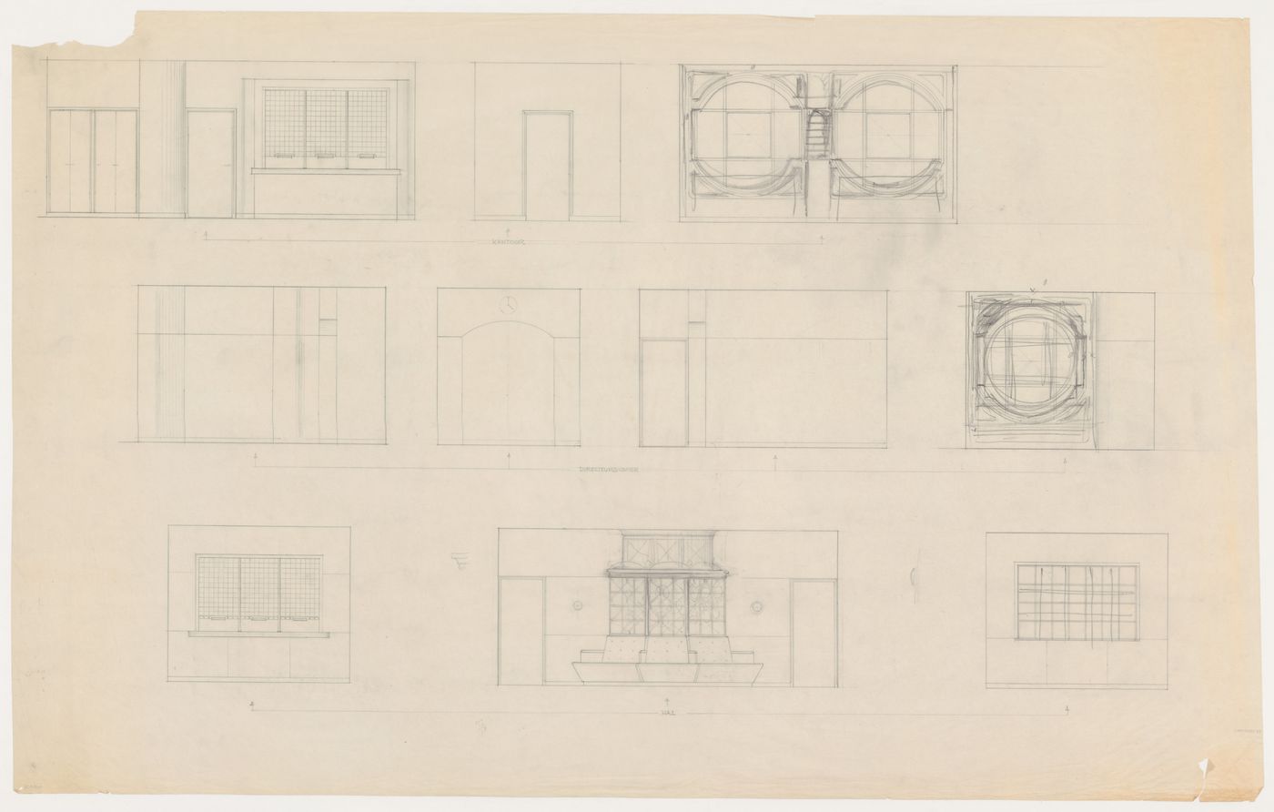 Elevations for a director's office, an office and a lobby with a circular seating unit, Olveh mixed-use development, Rotterdam, Netherlands