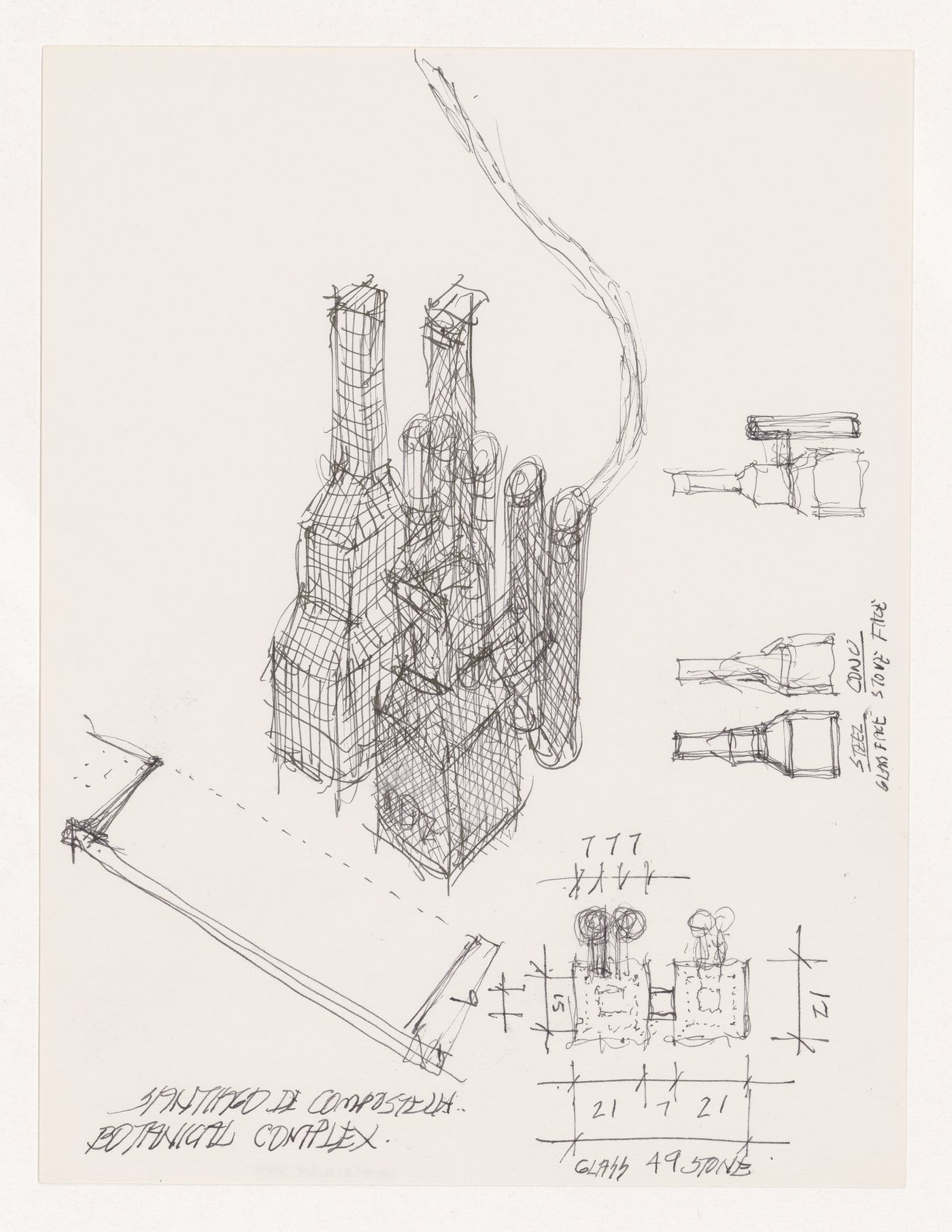 Axonometric, plan, and elevations for Santiago de Compostela Botanical Complex, Santiago de Compostela, Spain
