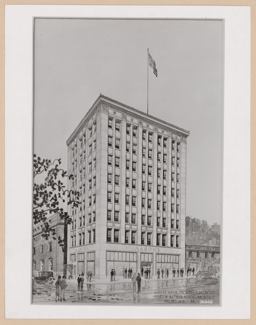 Photograph of a perspective drawing for or of the principal and lateral façades of the Aaron Furniture Company building, Uniontown, Pennsylvania