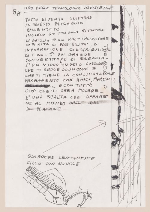 Page 7 of a storyboard describing filming locations and planning sketches of various scenes for Supersuperficie [Supersurface]